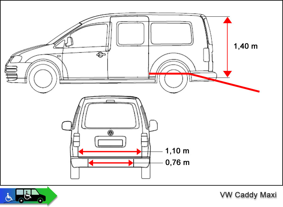 VW-Caddy Maxi mit Rolltuhlrampe - Bemassung